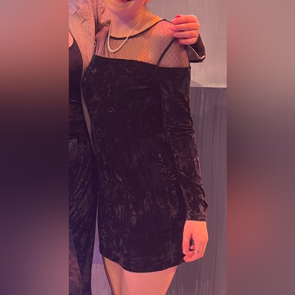 Velvet long sleeve black mini dress with mesh - Picture 1 of 5